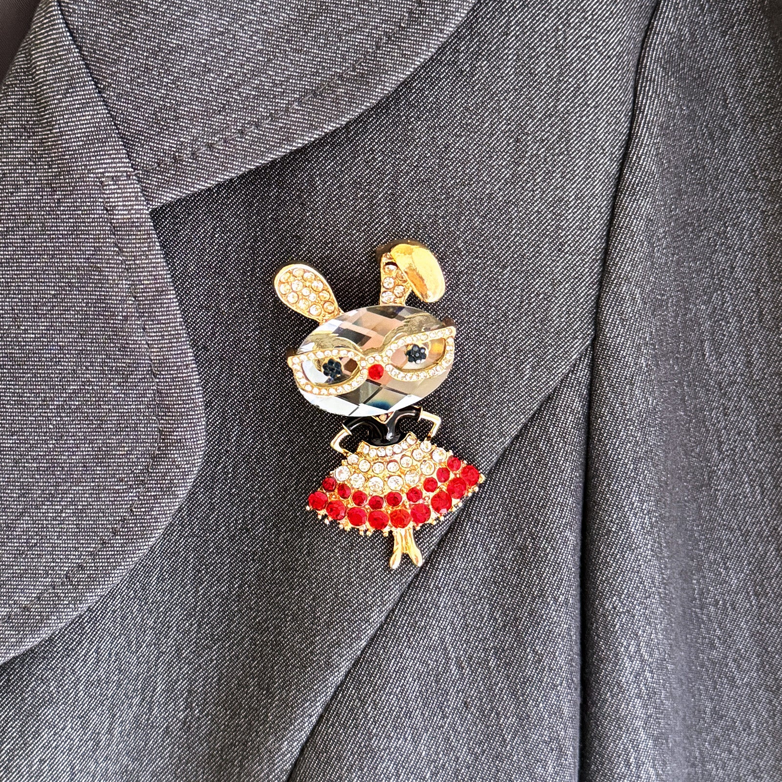 Wrapables Vintage Crystal Rhinestone Rabbit with Glasses and Skirt Brooch Pin