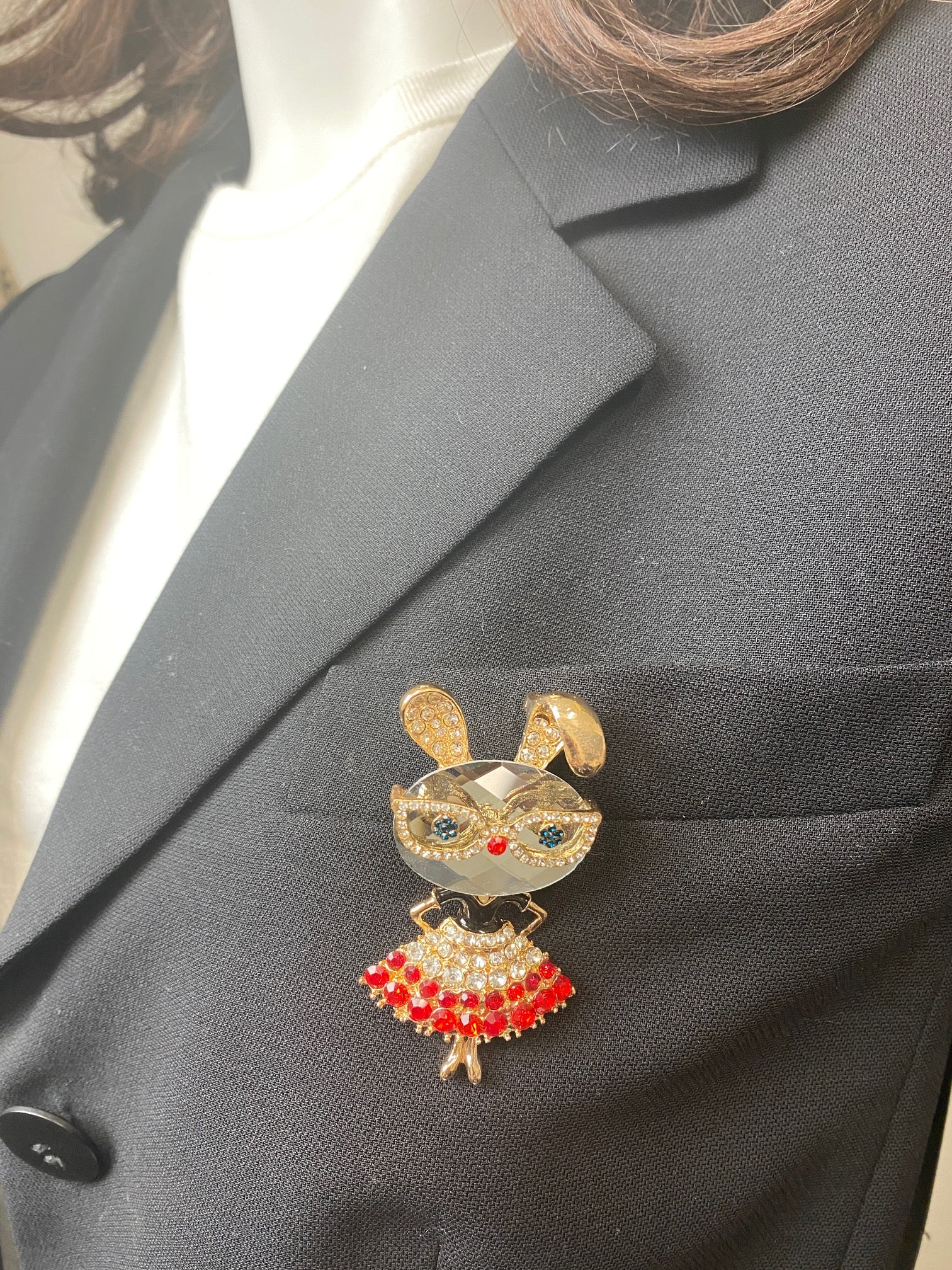 Wrapables Vintage Crystal Rhinestone Rabbit with Glasses and Skirt Brooch Pin