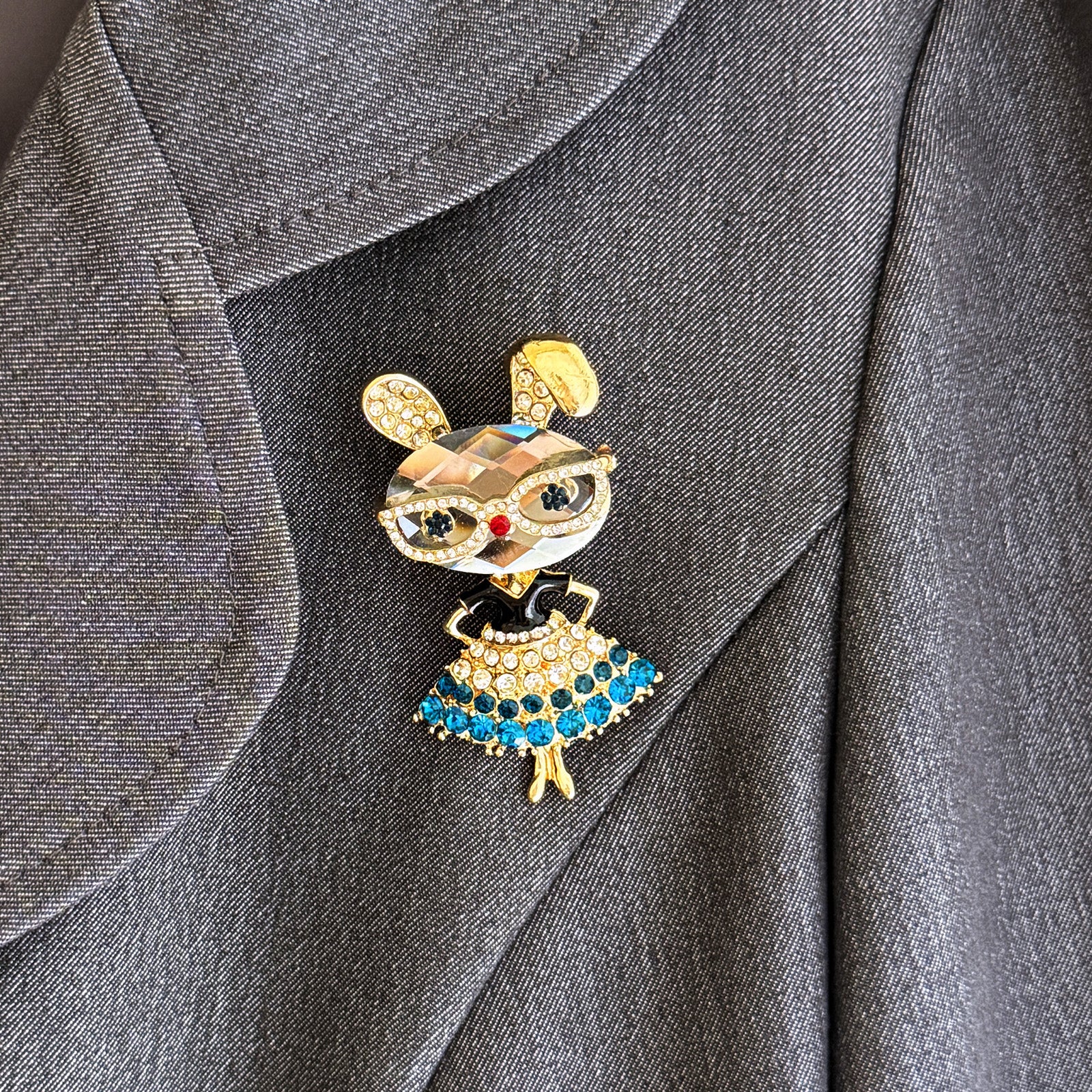 Wrapables Vintage Crystal Rhinestone Rabbit with Glasses and Skirt Brooch Pin