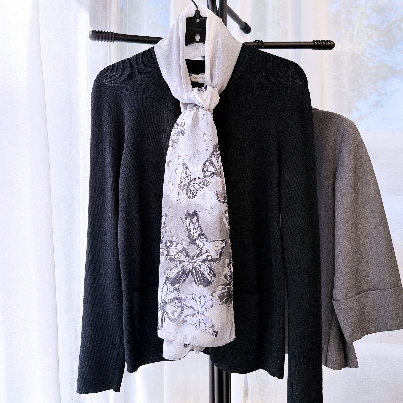 Wrapables Lightweight Vibrant Spring Chiffon Scarf, Gray Butterflies