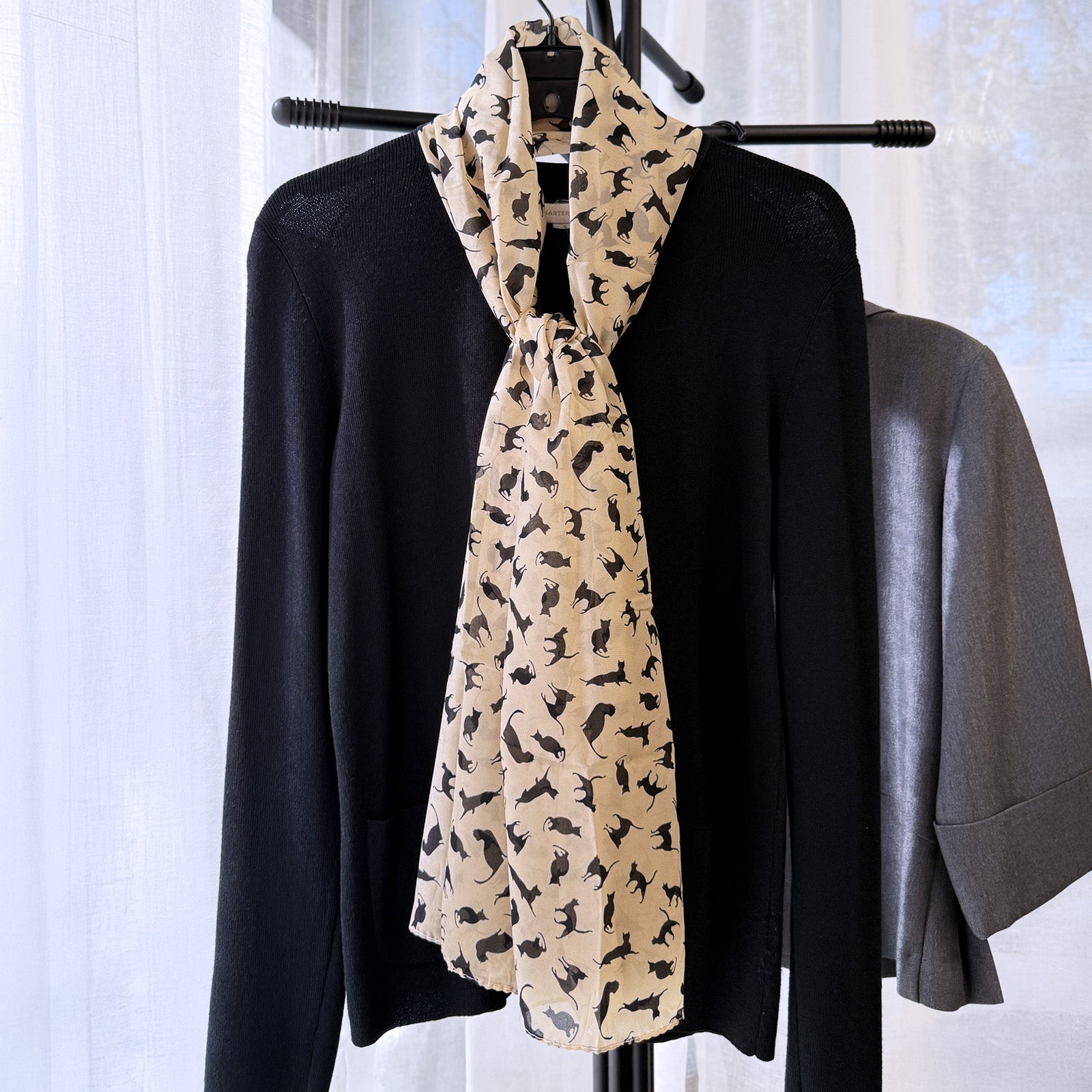 Wrapables Lightweight Cat Print Chiffon Long Scarf, Beige