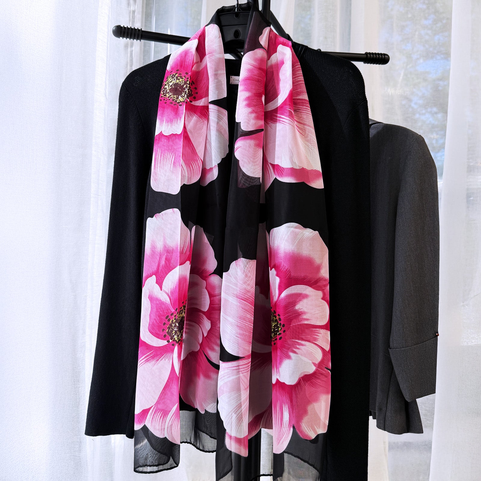 Wrapables Lightweight Vibrant Spring Chiffon Scarf, Pink Peonies