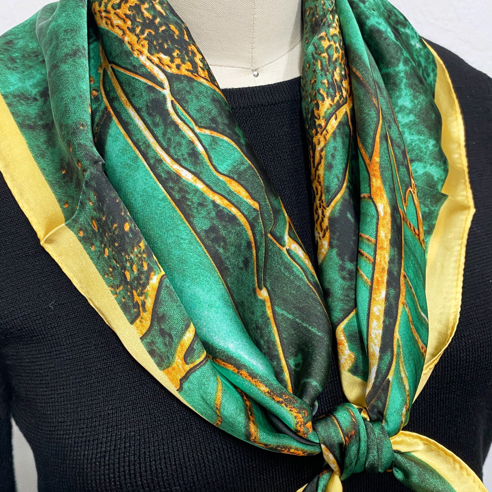 Wrapables Satin Neckerchief Square Scarf 26.5 x 26.5 Inches, Green Marble