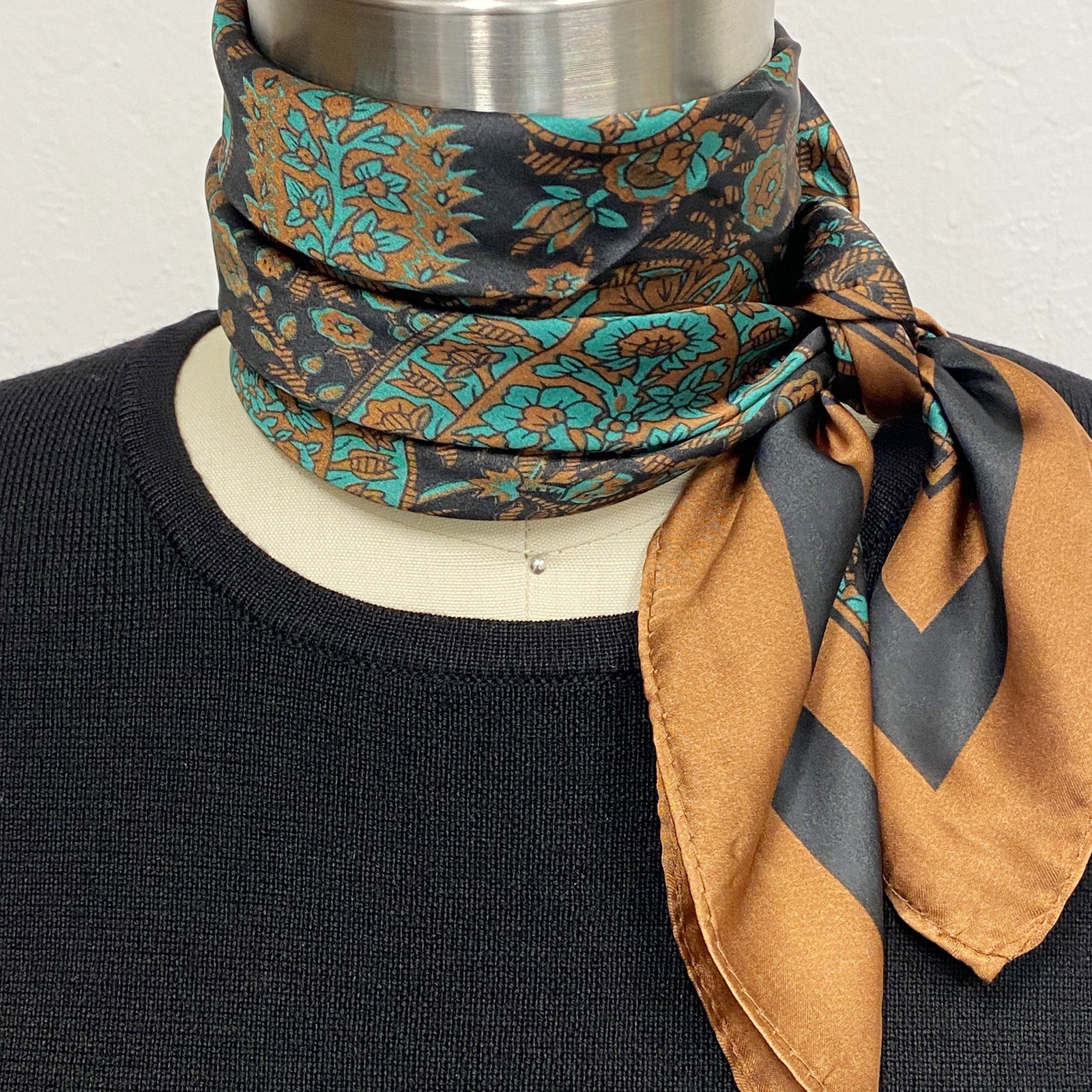 Wrapables Satin Neckerchief Square Scarf 26.5 x 26.5 Inches, Brown Paisley
