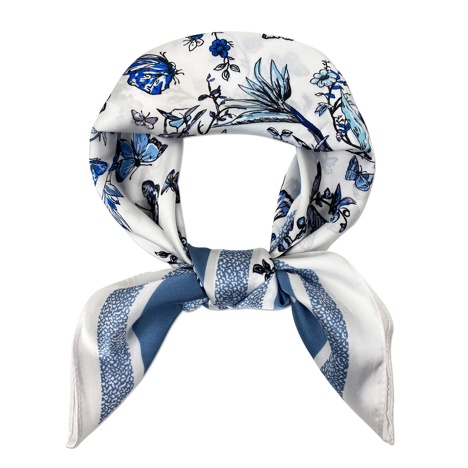 Wrapables Satin Neckerchief Square Scarf 26.5 x 26.5 Inches, Blue Floral Butterflies