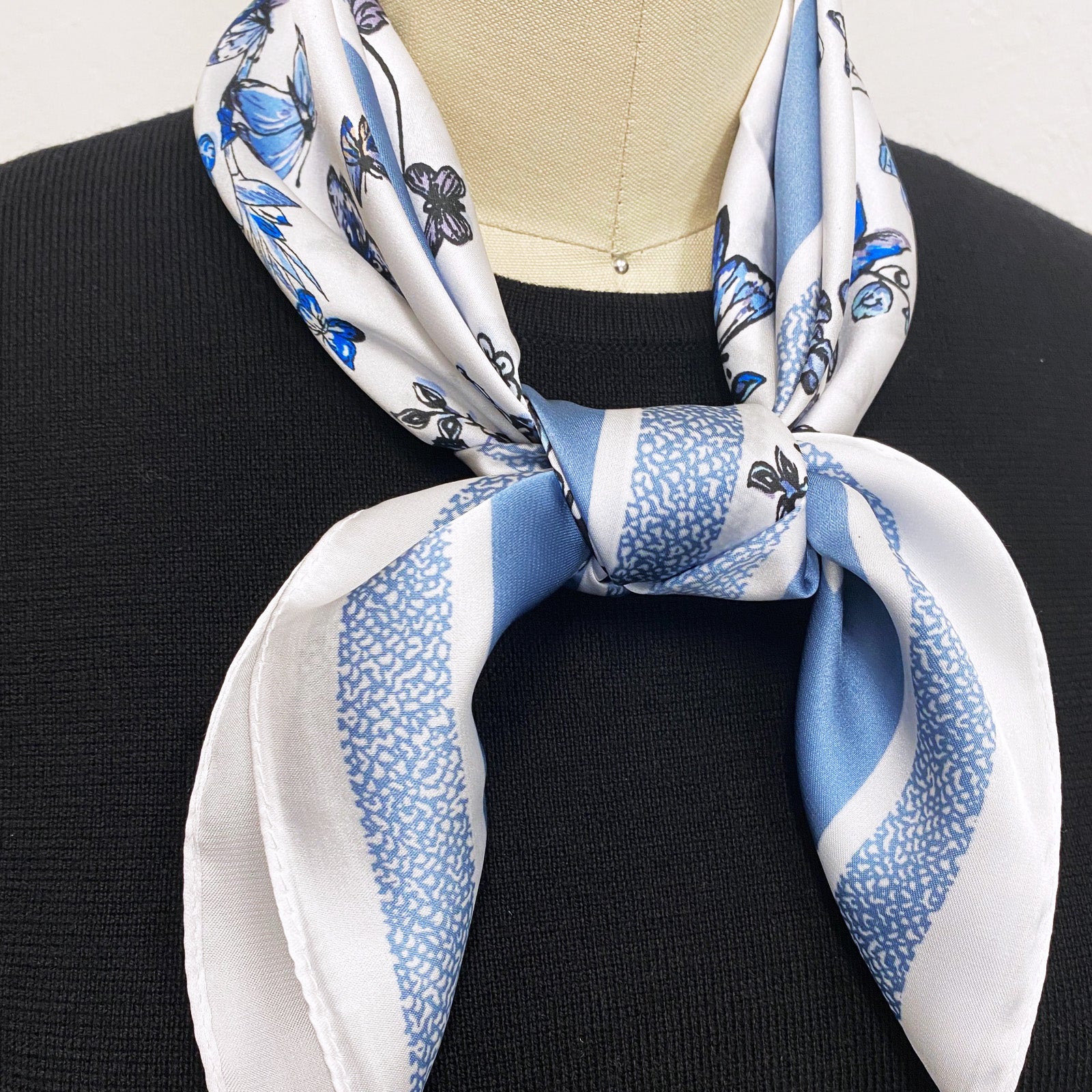 Wrapables Satin Neckerchief Square Scarf 26.5 x 26.5 Inches, Blue Floral Butterflies