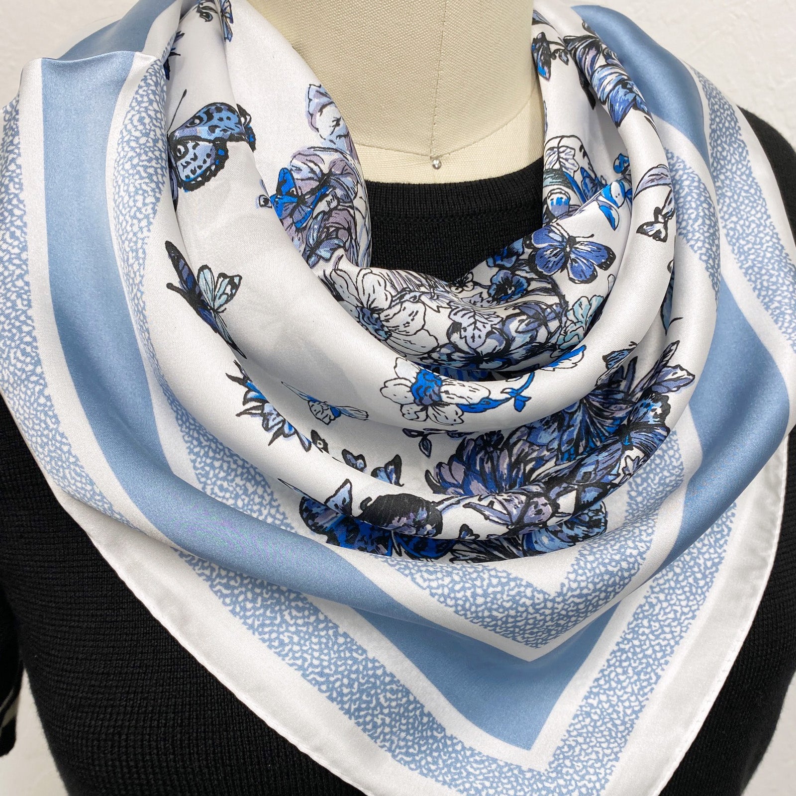 Wrapables Satin Neckerchief Square Scarf 26.5 x 26.5 Inches, Blue Floral Butterflies