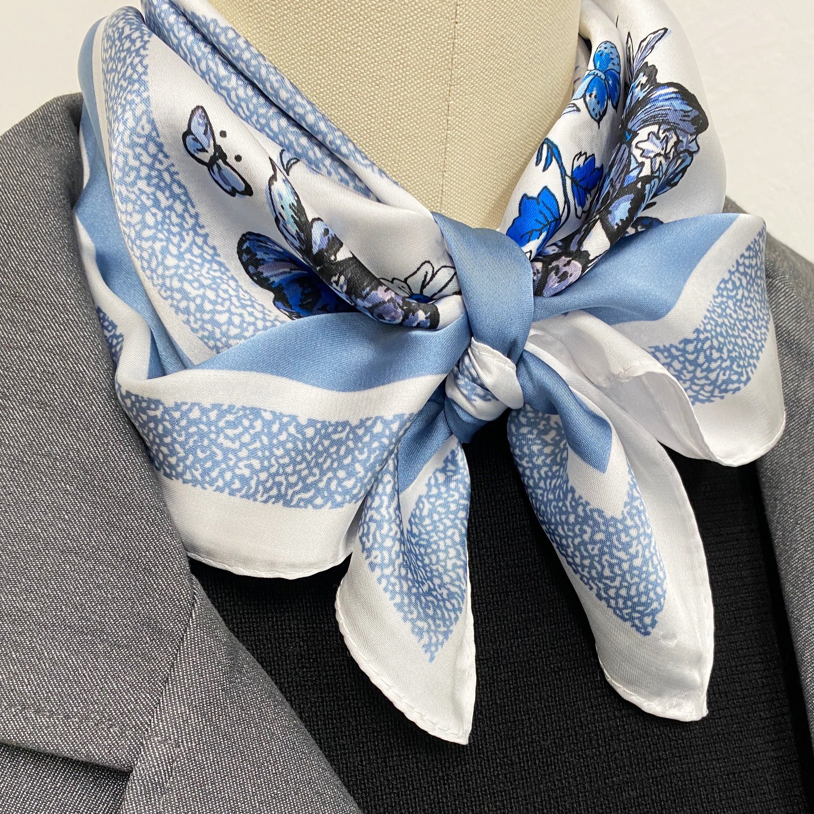 Wrapables Satin Neckerchief Square Scarf 26.5 x 26.5 Inches, Blue Floral Butterflies