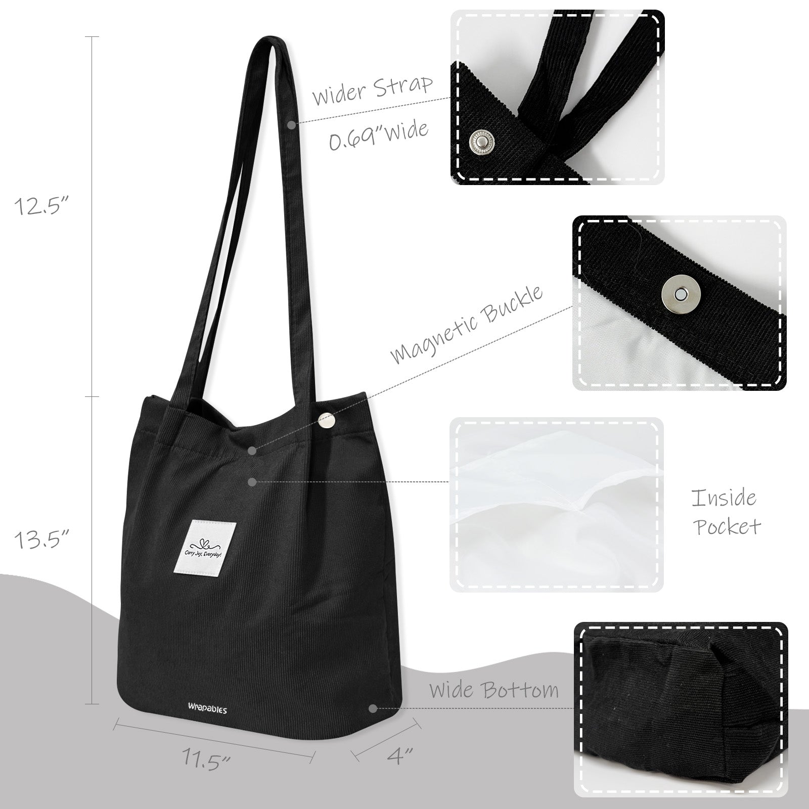 Wrapables Corduroy Tote Bag, Casual Everyday Shoulder Handbag