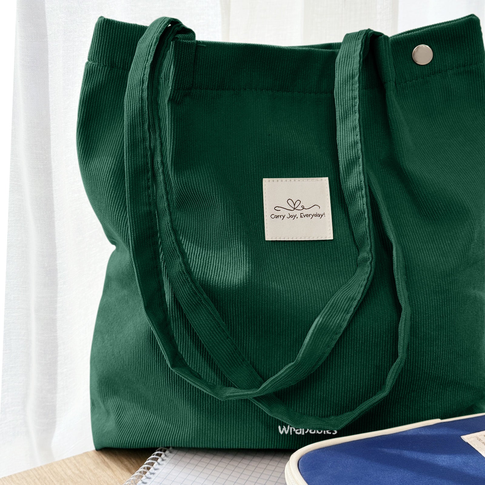 Wrapables Corduroy Tote Bag, Casual Everyday Shoulder Handbag, Forest Green