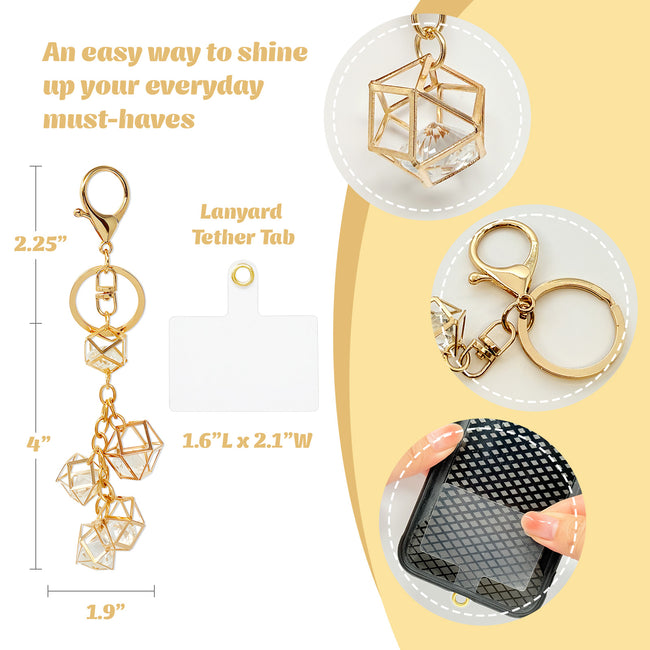 Wrapables Geometric Crystal Beaded Pendant Keychain and Phone Charm with Lanyard Patch, Cellphone Tether Tab
