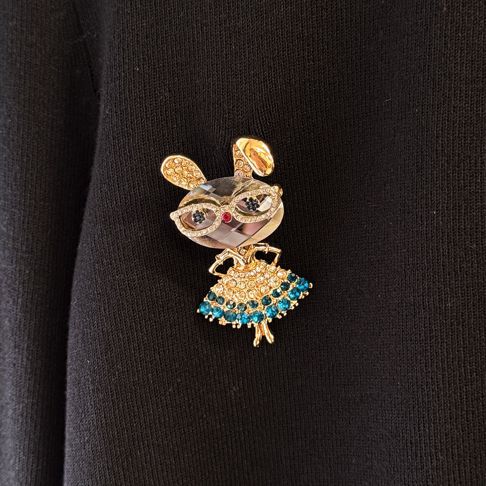 Wrapables Vintage Crystal Rhinestone Rabbit with Glasses and Skirt Brooch Pin