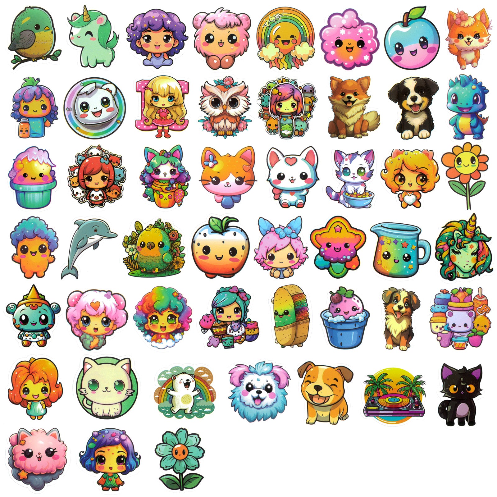 Wrapables Waterproof Vinyl Stickers for Water Bottles, Laptop, Phones, Skateboards, Decals for Teens, 100pcs, Cute Characters