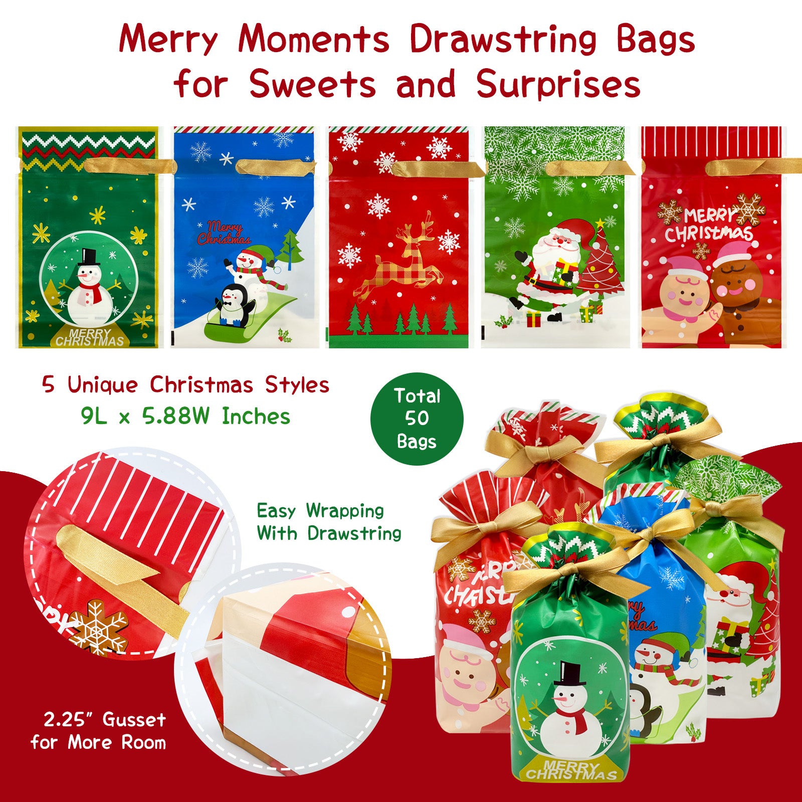 Wrapables Christmas Drawstring Treat Bags for Candy, Cookies, Treats, Gifts and Party Favors (50pcs)