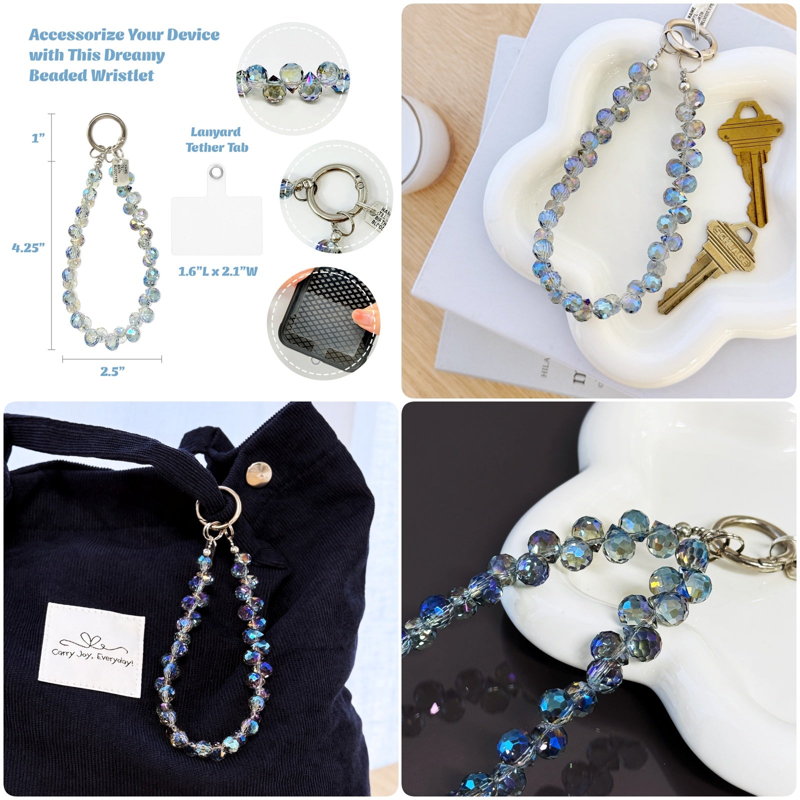 Wrapables Sparkling Beaded Cell Phone Wrist Strap, Keychain, Bag Charm with Lanyard Tether Tab