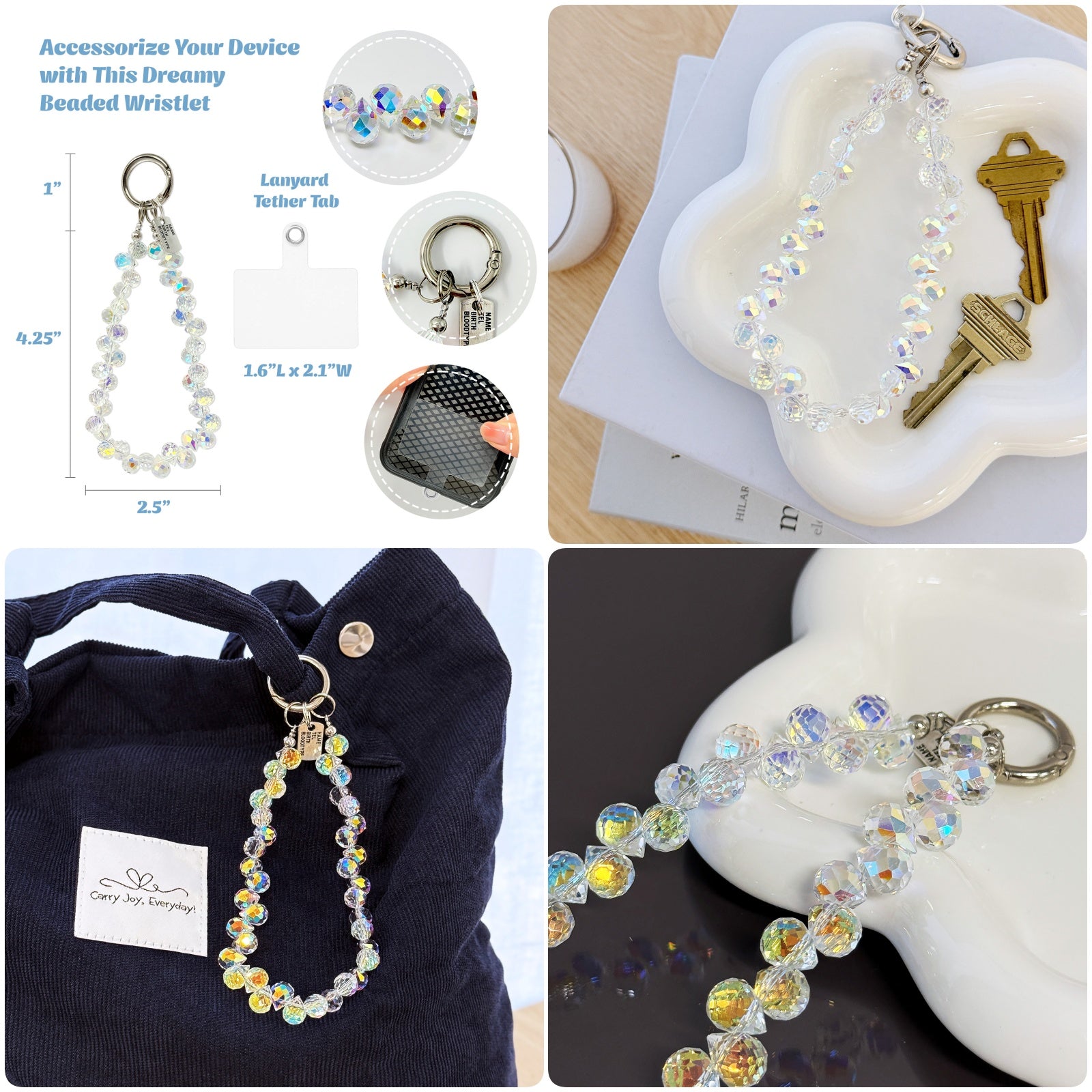 Wrapables Sparkling Beaded Cell Phone Wrist Strap, Keychain, Bag Charm with Lanyard Tether Tab