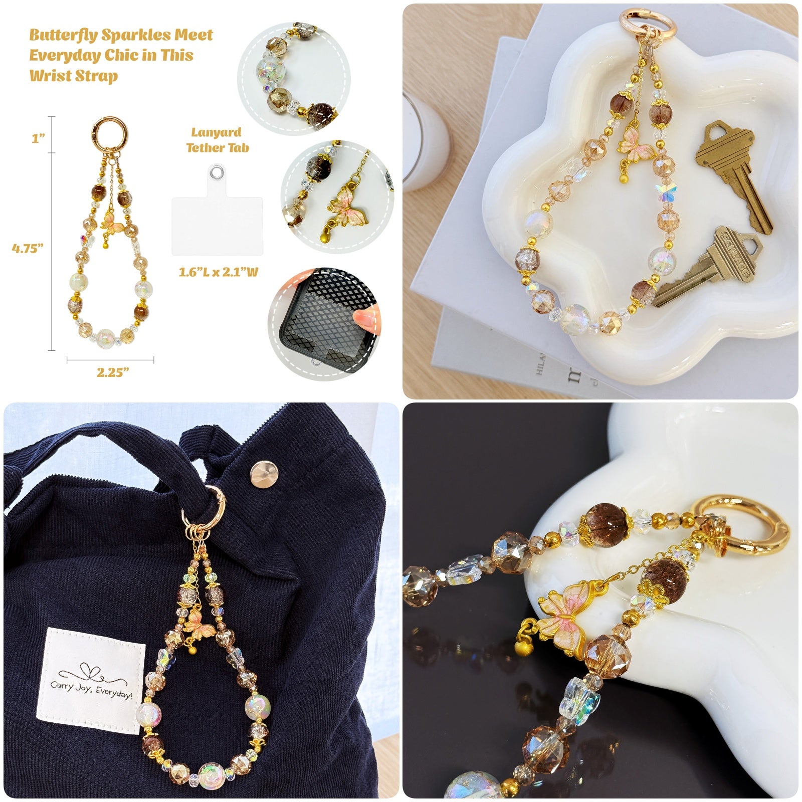 Wrapables Sparkling Beaded Cell Phone Wrist Strap, Keychain, Bag Charm with Lanyard Tether Tab