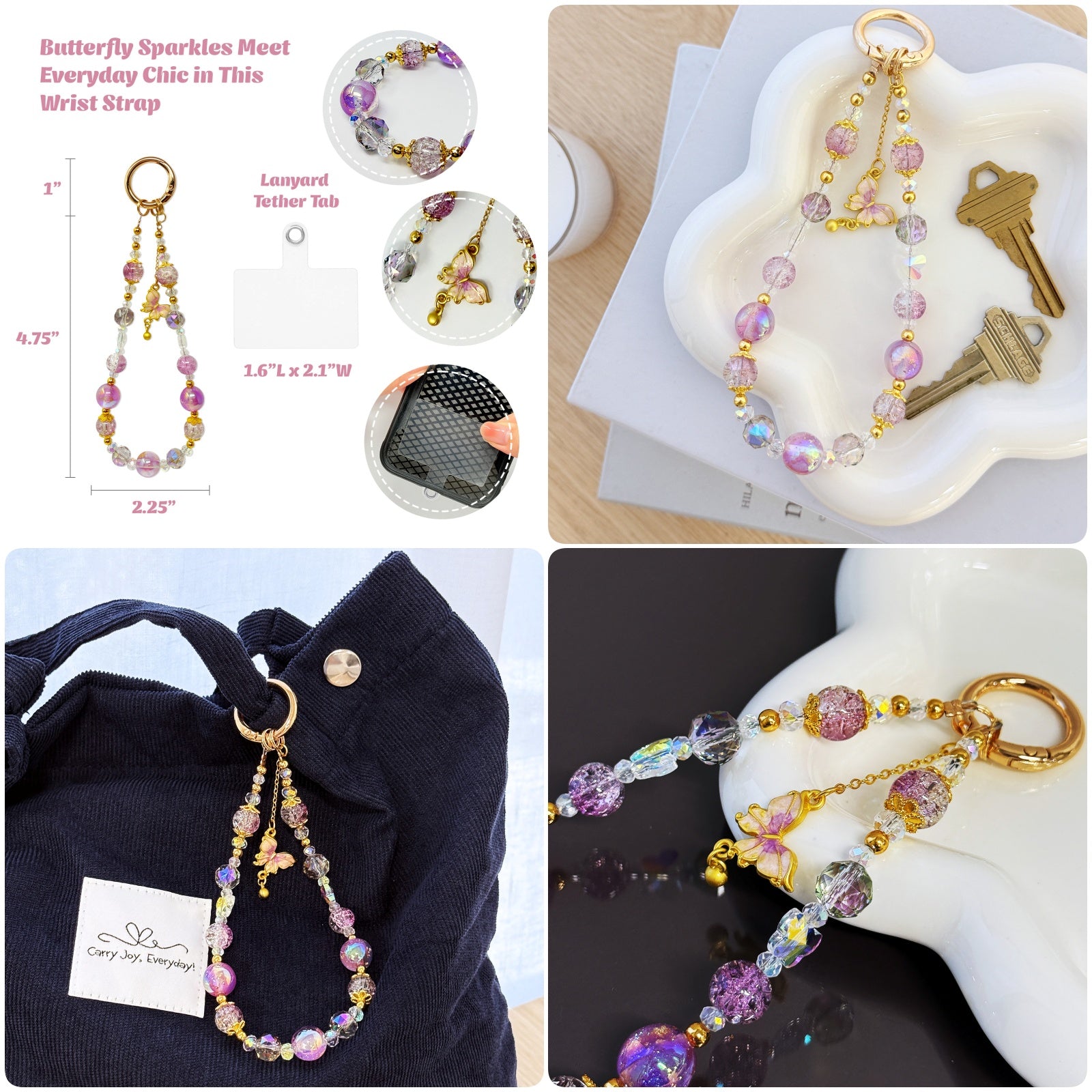 Wrapables Sparkling Beaded Cell Phone Wrist Strap, Keychain, Bag Charm with Lanyard Tether Tab