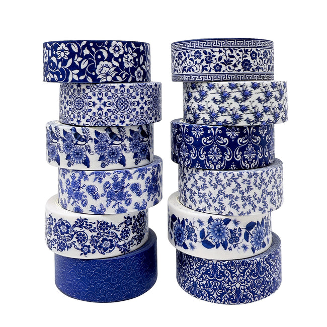 Wrapables Blue and White Porcelain Vintage Floral Chinoiserie Washi Tape Set for DIY, Arts and Crafts, Scrapbooking, Gift Wrapping (12 Rolls)