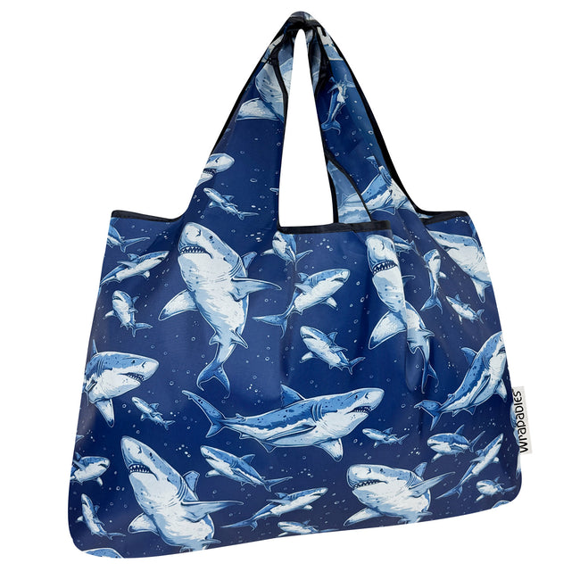Wrapables Large Foldable Tote Nylon Reusable Grocery Bags, Sharks in Blue