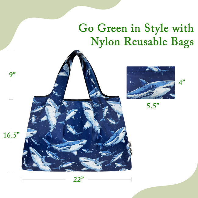Wrapables Large Foldable Tote Nylon Reusable Grocery Bags, Sharks in Blue