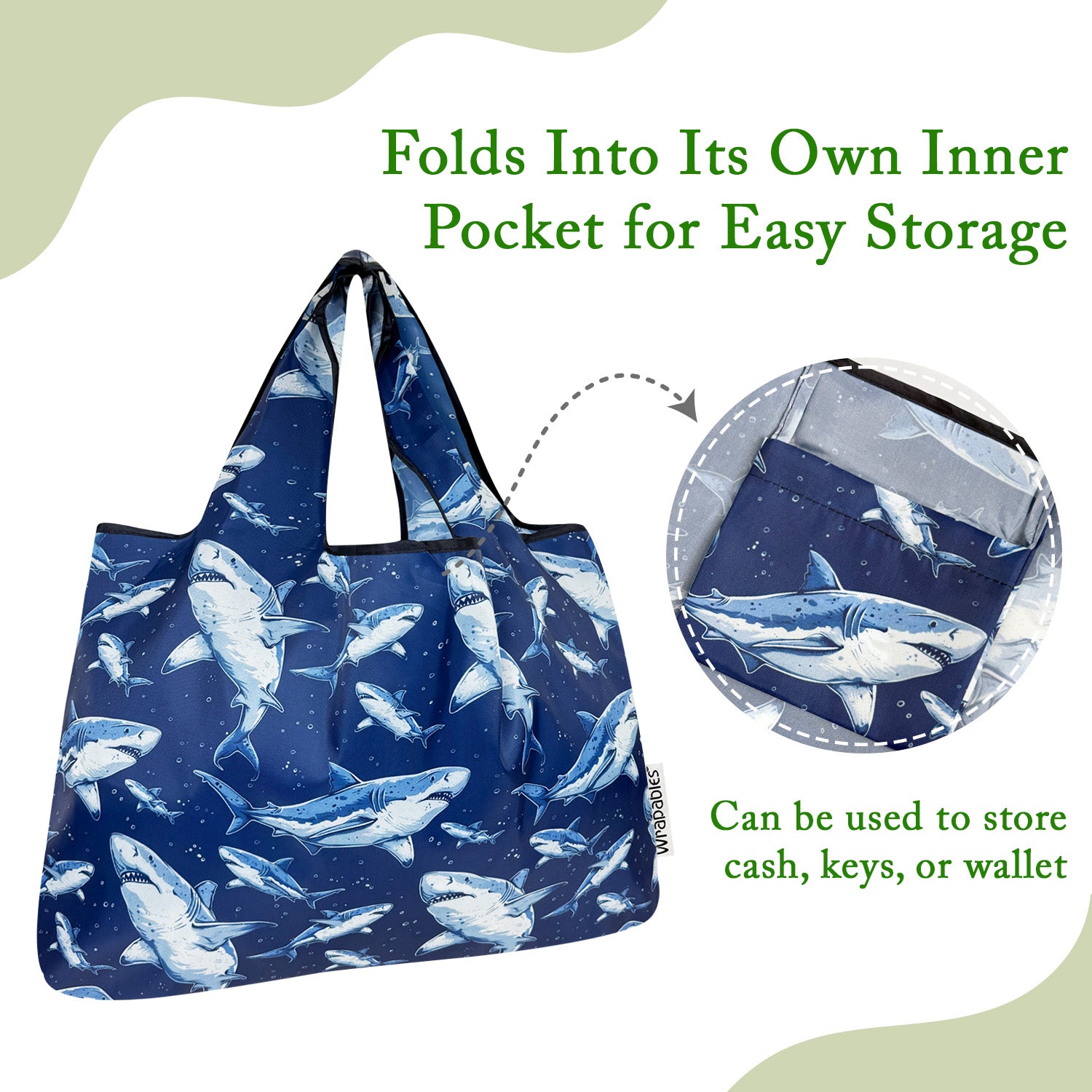 Wrapables Large Foldable Tote Nylon Reusable Grocery Bags, Sharks in Blue