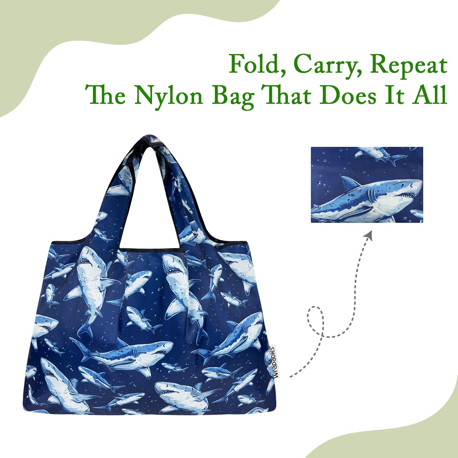 Wrapables Large Foldable Tote Nylon Reusable Grocery Bags, Sharks in Blue