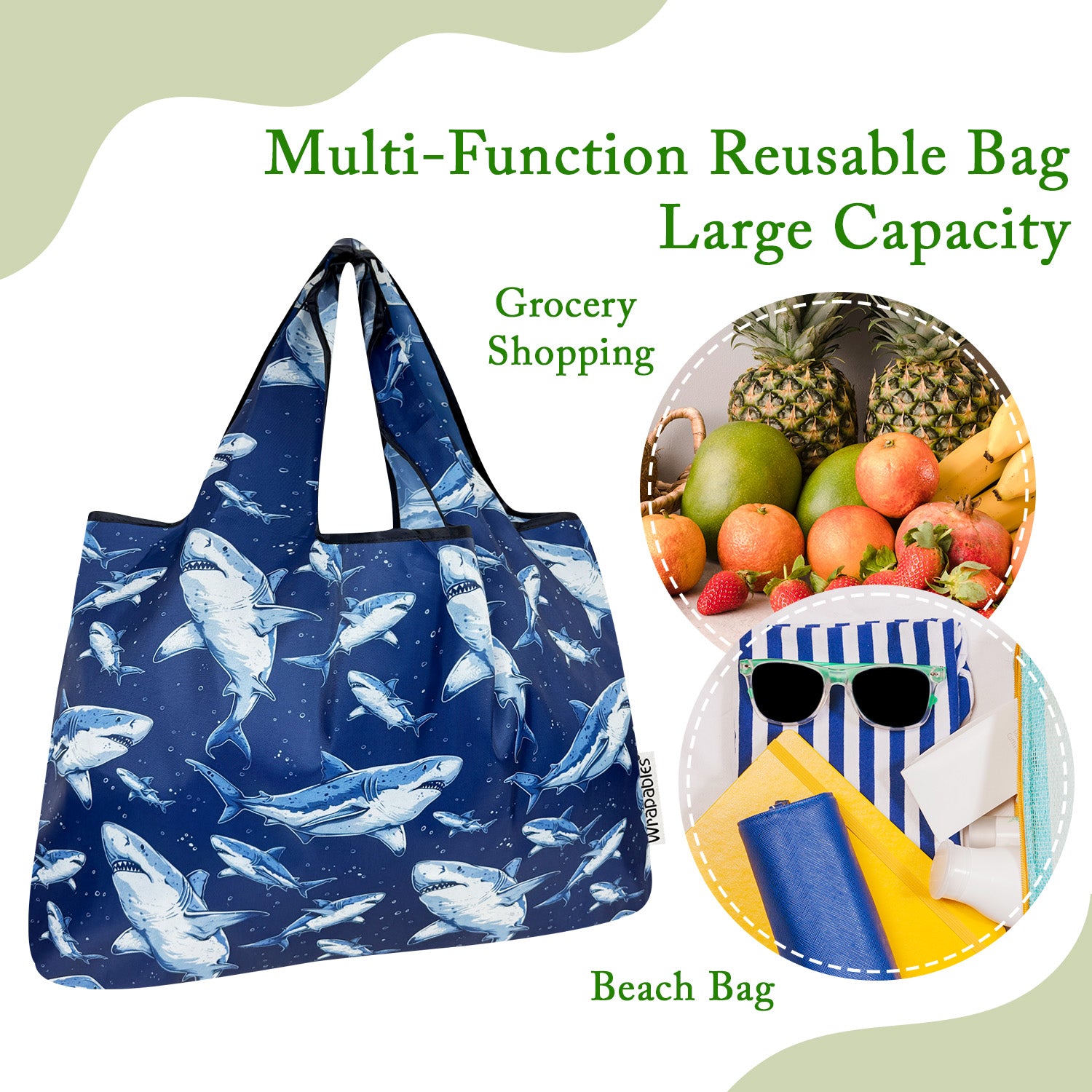 Wrapables Large Foldable Tote Nylon Reusable Grocery Bags, Sharks in Blue