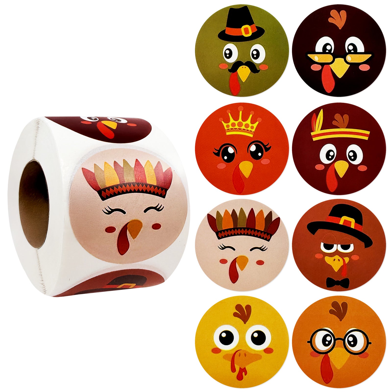 Wrapables 1.5 Inch Thanksgiving Sticker Roll, Autumn Holiday Stickers for Sealing Cards, Envelopes, Gift Boxes, Party Favors (500pcs), Turkey Face