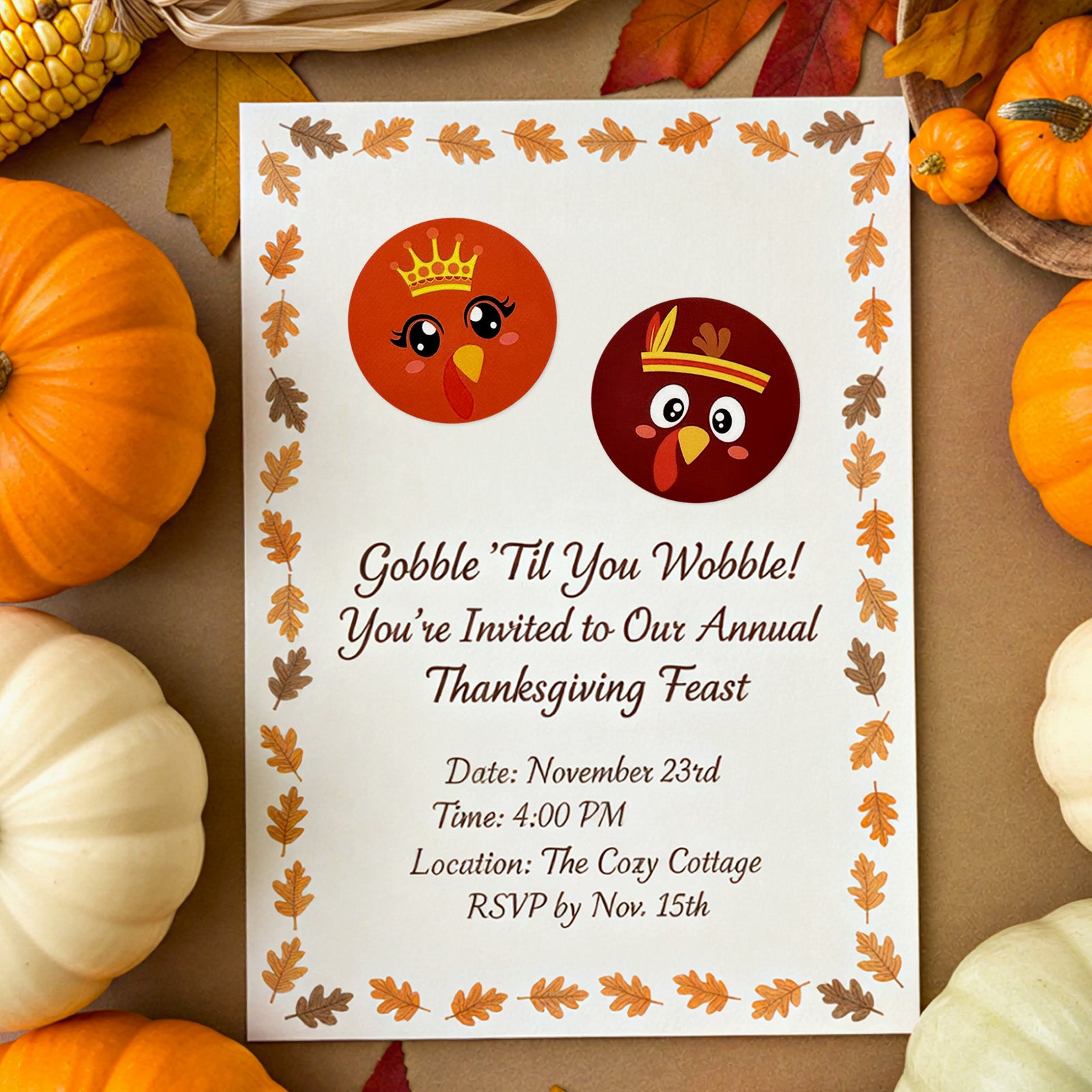 Wrapables 1.5 Inch Thanksgiving Sticker Roll, Autumn Holiday Stickers for Sealing Cards, Envelopes, Gift Boxes, Party Favors (500pcs), Turkey Face