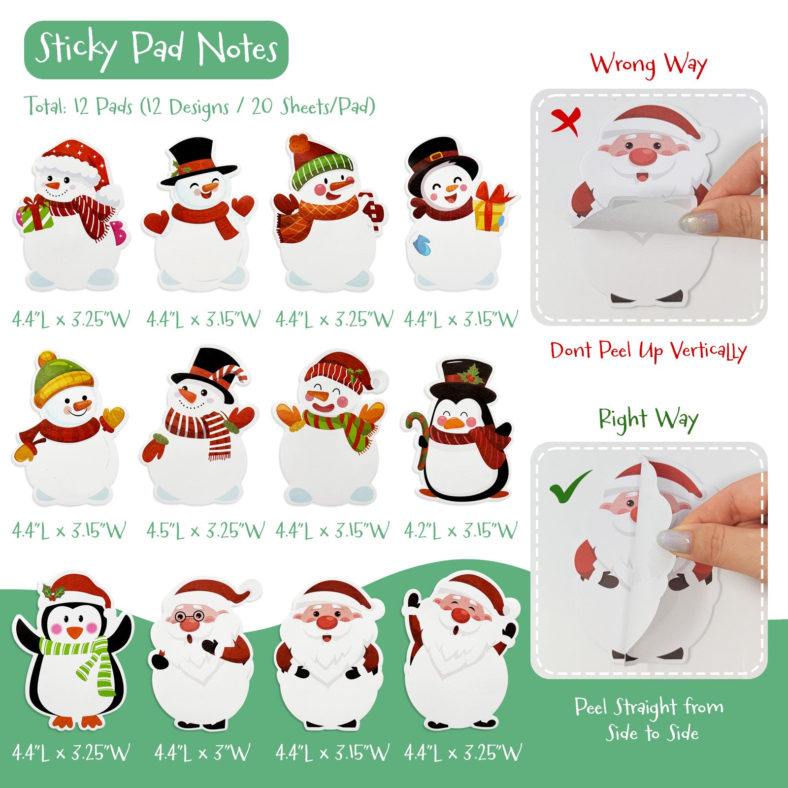 Wrapables Snowmen, Santa, and Penguin Christmas Sticky Notes, Adhesive Winter Holiday Memo Notepads for Home, Office, Work (Set of 12)