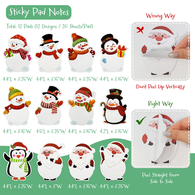 Wrapables Snowmen, Santa, and Penguin Christmas Sticky Notes, Adhesive Winter Holiday Memo Notepads for Home, Office, Work (Set of 12)