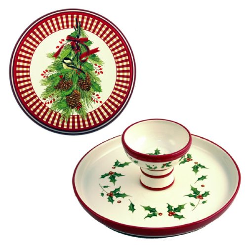 Reversible Cake Plate / Chip & Dip - Christmas Mistletoe