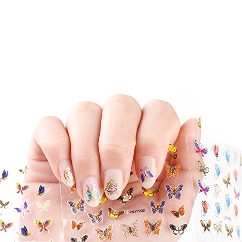 Wrapables 24 Sheets Multicolor Butterfly with Gold Trim Nail Stickers Nail Art Set (Multicolor Butterfly)