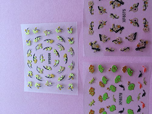 Wrapables Fingernail Stickers Nail Art Nail Stickers Self-Adhesive Nail Stickers 3D Nail Decals - Asian Inspired Lotus, Ginkgo Leaves, Cherry Blossoms & Koi (3 Designs/6 Sheets)