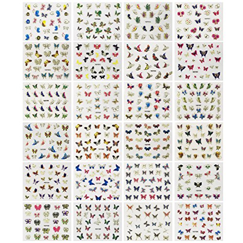 Wrapables 24 Sheets Multicolor Butterfly with Gold Trim Nail Stickers Nail Art Set (Multicolor Butterfly)