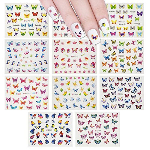 Xipoo Nail Art Stickers, 9 Sheets 600+ Nail Stickers for Nail Art, Together with Sharp Tweezer, 3D Golden Self-Adhesive Nail Decals, Rose Love Butterfly