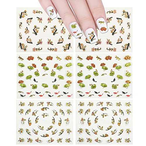 Wrapables Fingernail Stickers Nail Art Self-Adhesive Nail Stickers, Asian Inspired Lotus, Ginkgo Leaves, Cherry Blossoms & Koi (3 Designs/6 Sheets)