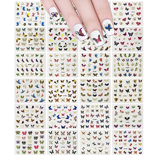 Wrapables 24 Sheets Multicolor Butterfly with Gold Trim Nail Stickers Nail Art Set (Multicolor Butterfly)