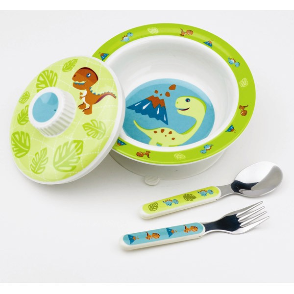 Prehistoric Pals Covered Bowl Gift Set (Bowl 2.25"H x 6.25"diam, holds 12oz; Fork & Spoon 5.25")