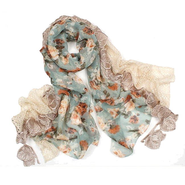 Floral Print Chiffon and Sequined Polyester Knit Triple Layer Lace Edge Scarf