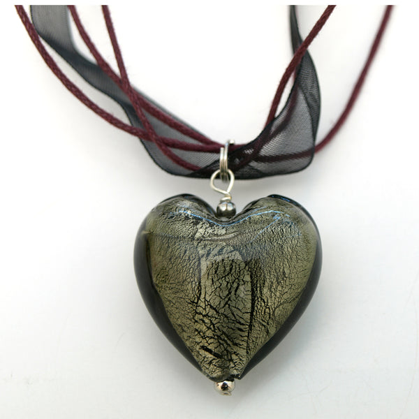 Glazed Heart Pendant Ribbon Necklace Blue