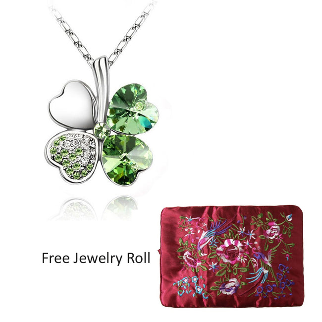 Gold Plated Crystal Four Leaf Clover Pendant Necklace + Large Burgundy Silk Embroidered Jewelry Roll