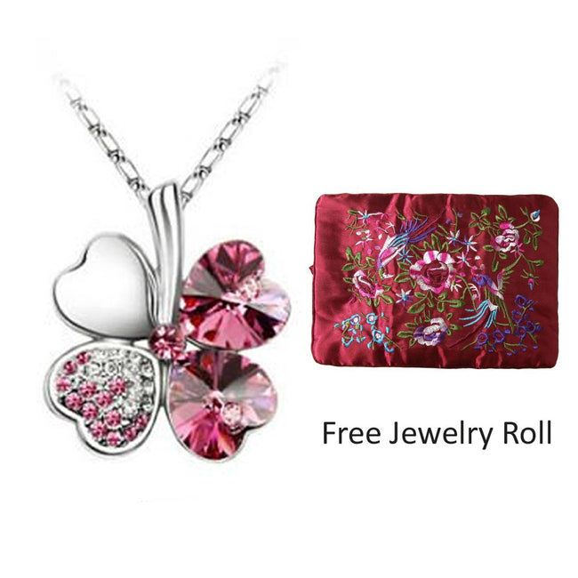 Gold Plated Crystal Four Leaf Clover Pendant Necklace + Large Burgundy Silk Embroidered Jewelry Roll