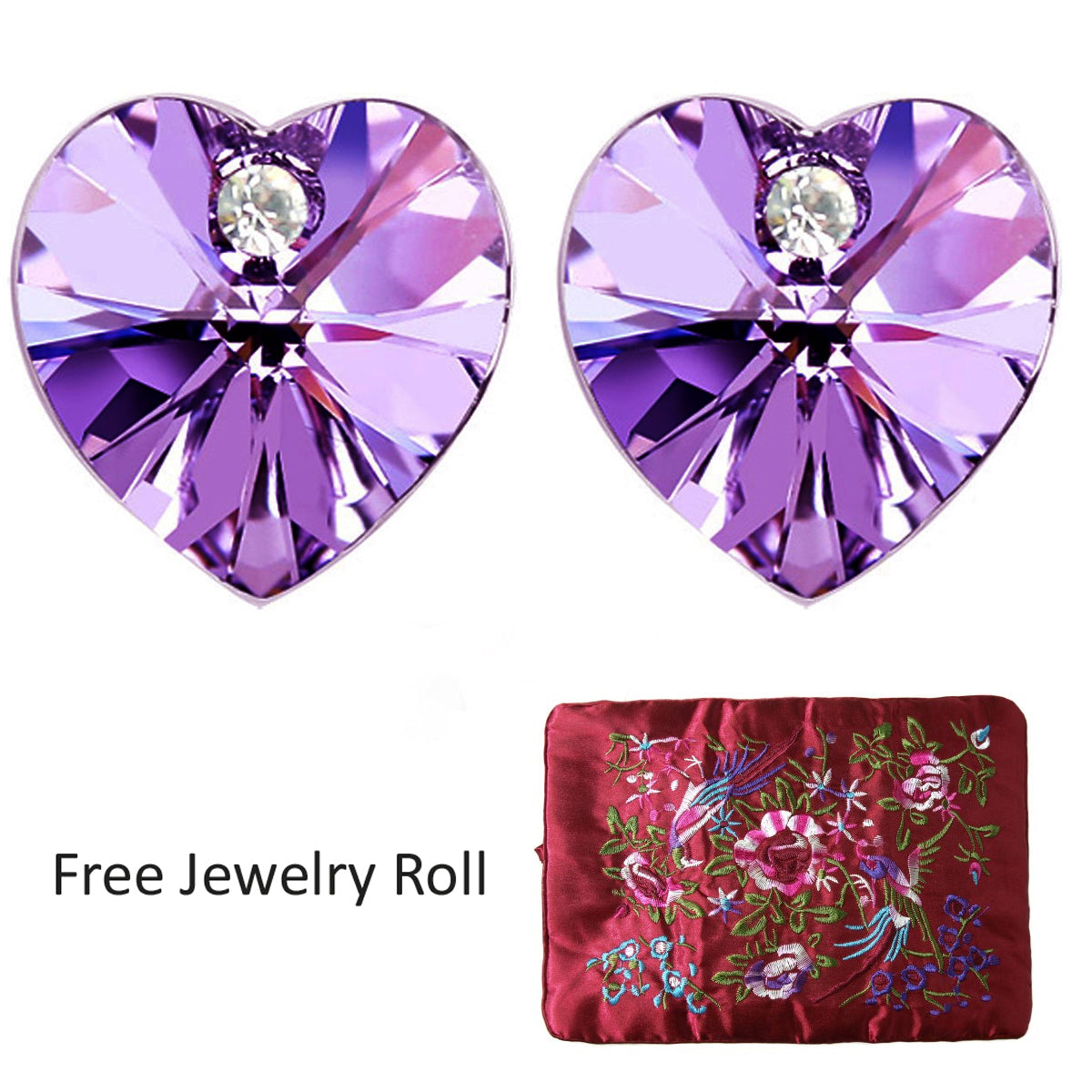 Purple Crystal Heart Gold Plated Stud Earrings + Large Burgundy Silk Embroidered Jewelry Roll