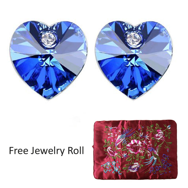Royal Blue Crystal Heart Gold Plated Stud Earrings + Large Burgundy Silk Embroidered Jewelry Roll