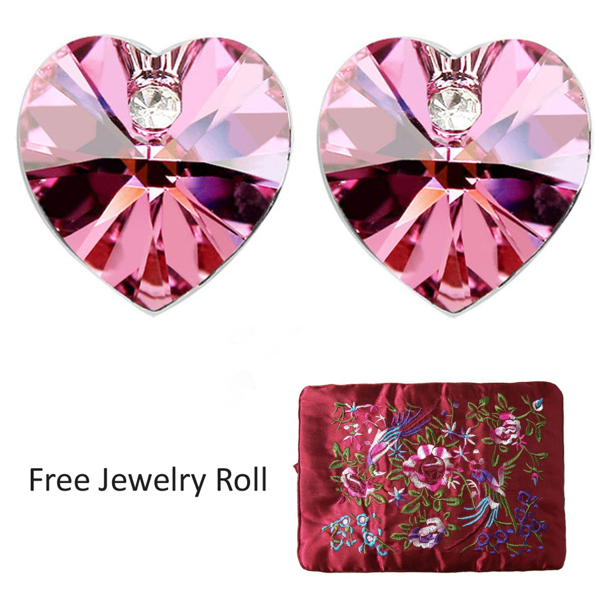 Rose Red Crystal Heart Gold Plated Stud Earrings + Large Burgundy Silk Embroidered Jewelry Roll