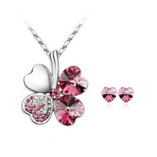 Lucky Sweethearts Gold Plated Crystal Heart Shaped Four Leaf Clover Pendant Necklace and Earrings Jewelry Set