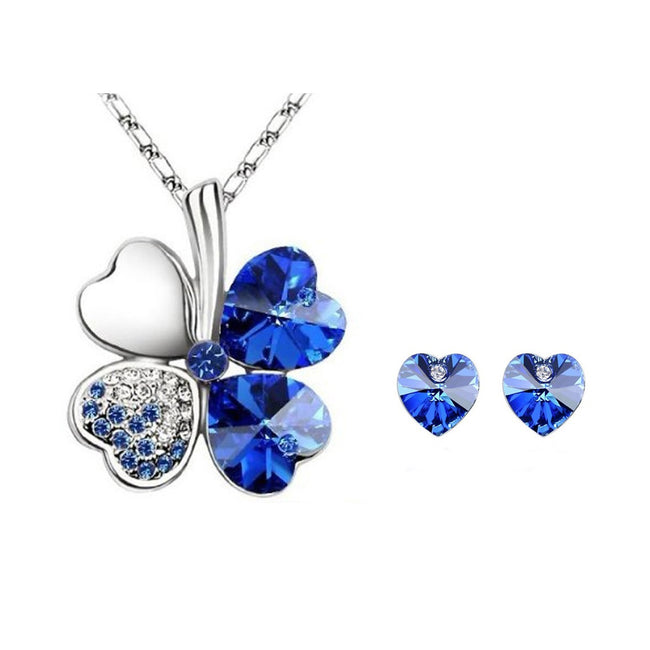 Lucky Sweethearts Gold Plated Crystal Heart Shaped Four Leaf Clover Pendant Necklace and Earrings Jewelry Set (Royal Blue)