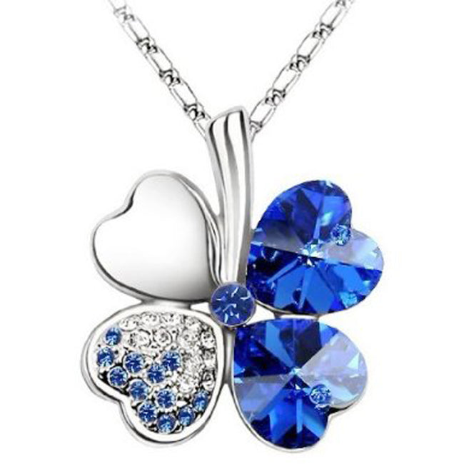 Lucky Sweethearts Gold Plated Crystal Heart Shaped Four Leaf Clover Pendant Necklace and Earrings Jewelry Set (Royal Blue)